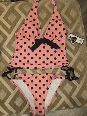 Women's Pink Polka Dot Halter Bikini Set with Black Accents